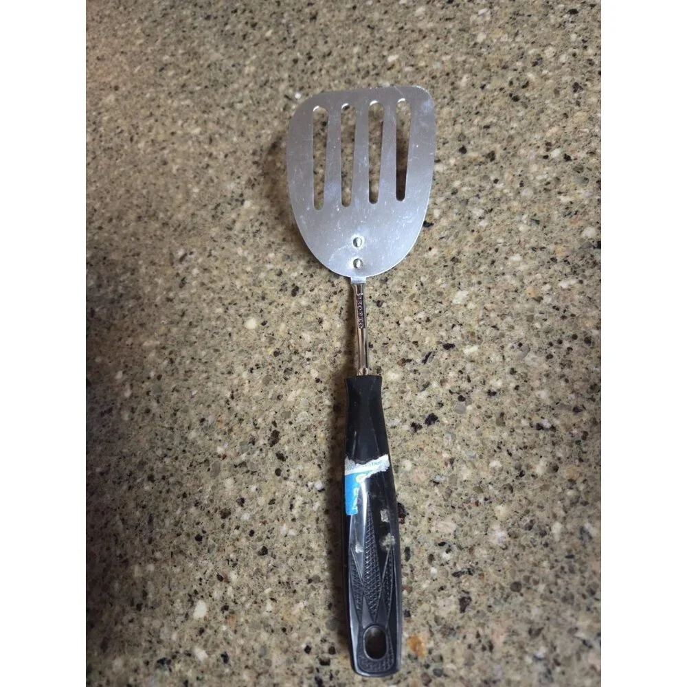 New Vintage 6 piece Chromium Plated Kitchen‎ Utensil set black handle w/holder